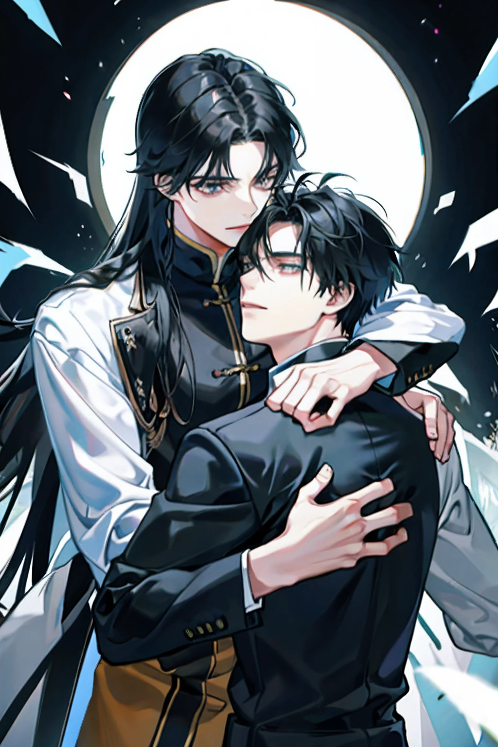 （There were only two men）Black-haired man，Hug another man with long hair。two men embracing