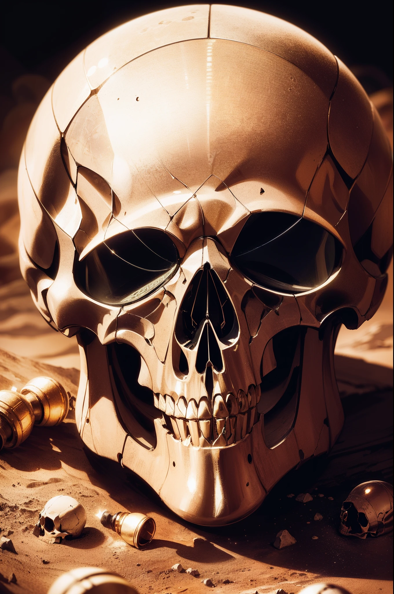 (masterpiece:1.3), (8K, photorealistic, Raw photo, best quality:1.4), Place a detailed and ornate ring featuring a skull with intricate Aztec-inspired designs partially buried in rich, textured sand or dark, earthy soil. The background should maintain an elegant and moody atmosphere, with the ring appearing as if it has been unearthed or discovered in a luxurious yet mysterious environment. Use soft, directional lighting to create subtle highlights on the metallic surfaces, emphasizing the craftsmanship while casting natural shadows in the surrounding sand or soil. The composition should still focus on the ring as the central element, with the textured earth adding a sense of history and depth to the scene. Consider including hints of gold or silver reflections in the sand or soil to complement the luxurious feel of the jewelry.