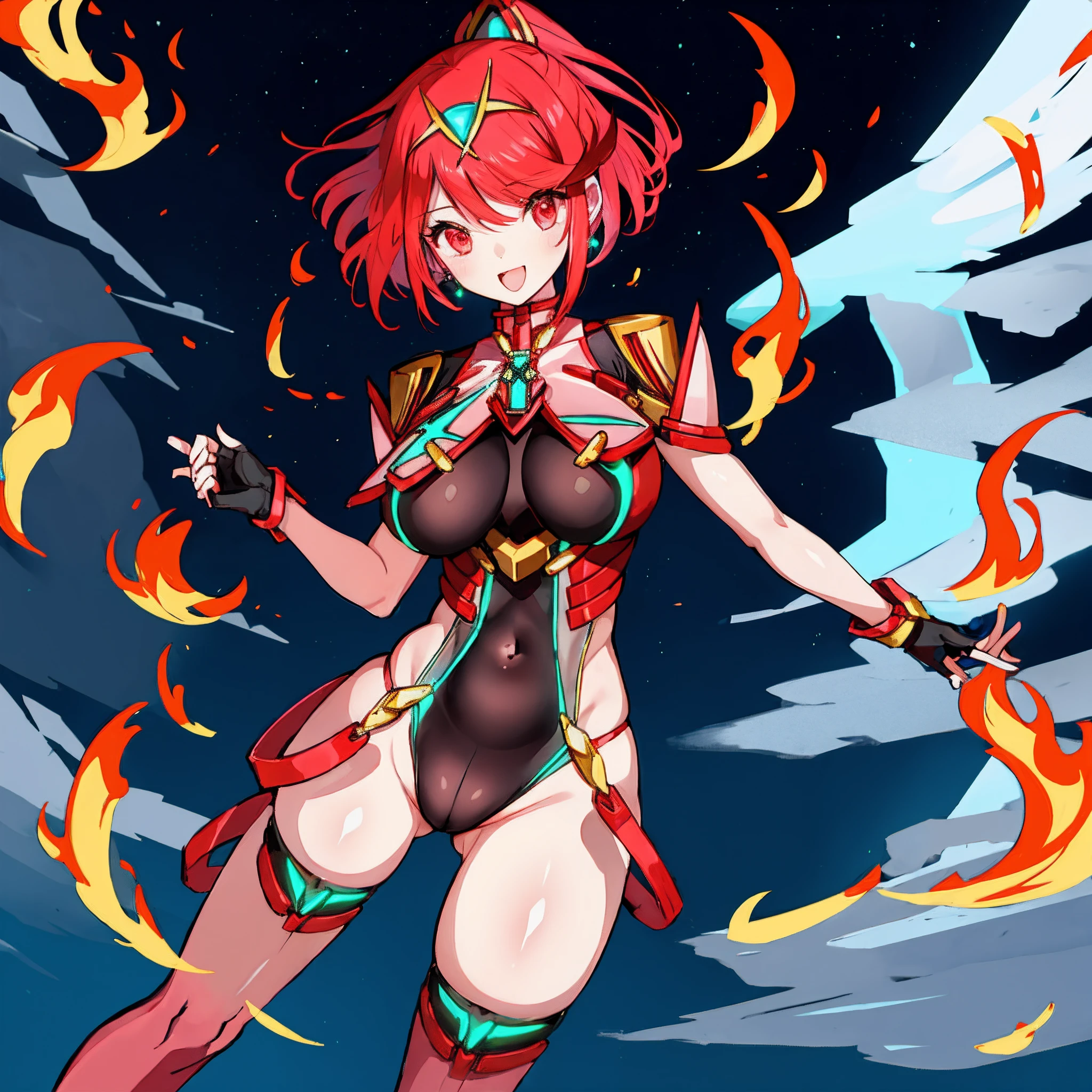 pyra \(xenoblade\), teen_1girl, , bangs, black gloves, breasts, red eyes, light_open_mouth, earrings, eyelashes, fingerless gloves, floating hair, , gem, gloves, hair ornament, headpiece, jewelry, big_breasts, leaning back, swimsuit, neon trim, official art, pose, red hair, saitou masatsugu, short hair, sidelocks, skin tight, solo, swept bangs, thighhighs, tiara, fantasy_town_background, underbust, xenoblade chronicles \(series\), (xenoblade chronicles 2), (spread_legs:1.1), fire_effect,dynamic_pose,fighting,light_smile, (plump:1.1), big_ass,huge_sword, hold_large_sword_hilt, covered_nipples, covered_pussy,back_view, fists,ponytail,plump,beautiful_fingers,(solo:1.1), bare_shoulder,