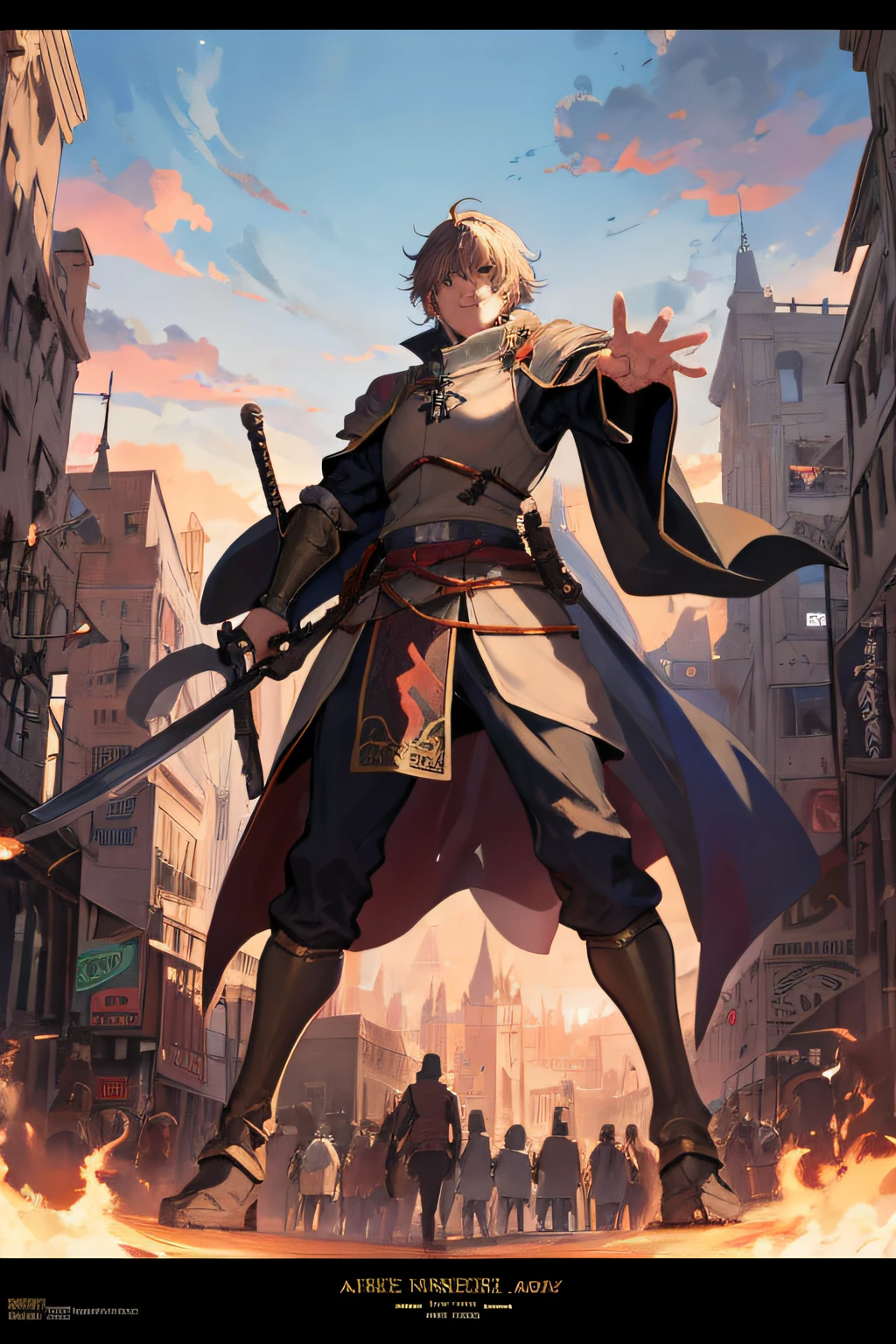anime poster with a medieval fantasy city, the crowd is busy in the background and the main male character is posing in the center. dramatic, 4k, digital art, award winner, best quality.