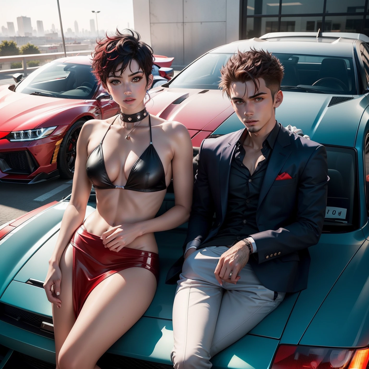 Red and blue colour lamborguini car,five star hotel in background,part of swiming pool in right to the car with a young man with short spiky hair with a girl