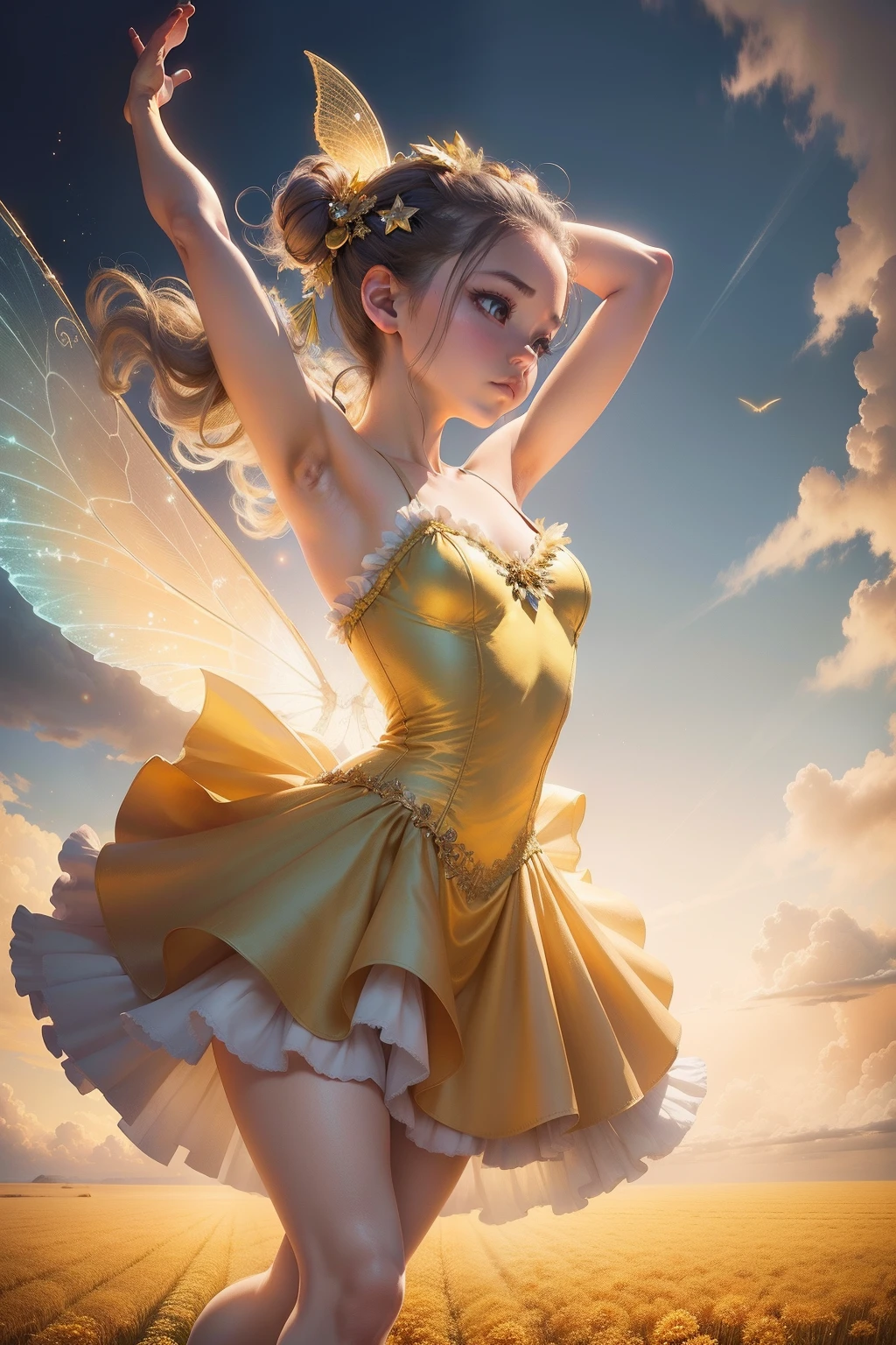 An image of a ballet dancer woman, wearing a yellow pleated dress, With fairy wings, sprinkling fairy dust, background is an open field with clear skies and clouds, mood is enthusiasm, radiation, liberation, daytime light, character design, art by Mark Ryden, Greg Simkins, Jason Limon, Dan Quintana.