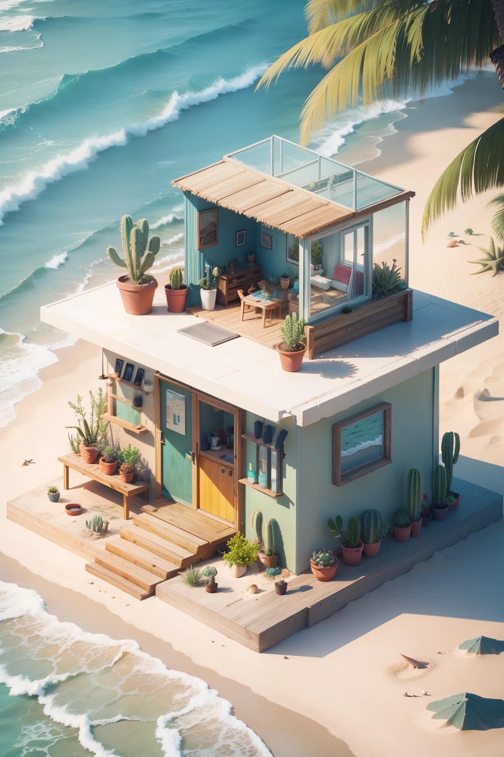 Isometric modern beach hut, glass, Sand, Shore, Ocean, cacti, Plants in pots