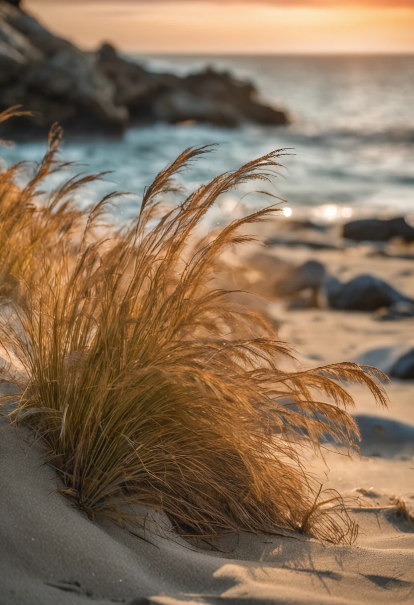 a bunch of grass sitting on top of a sandy beach, by Andrew Domachowski, captured on canon eos r 6, fall season, sparkling cove, on a bright day