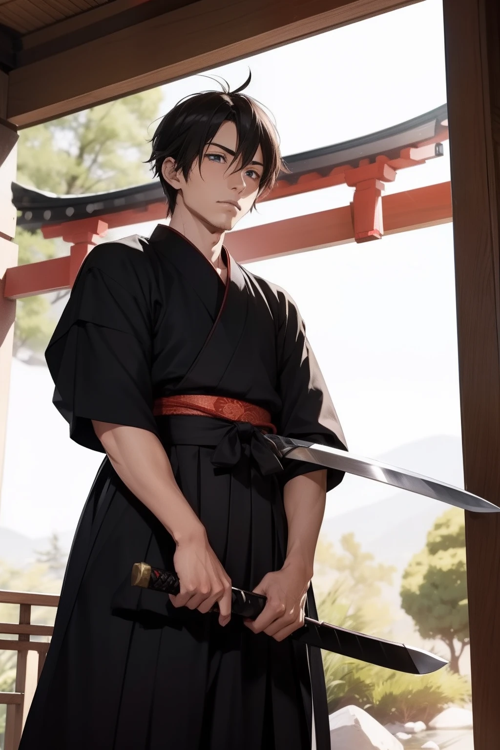 male people　twinks　{{ember}}　samurais　hakama　shrines　Hold the sword