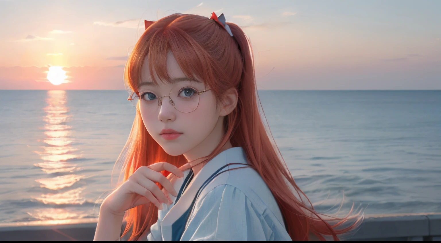 (8K, Raw photo, Best Quality, masutepiece:1.2), (Realistic, Photorealsitic:1.4), (Highly detailed CG Unity 8k wallpaper), (1 girl:1.5), (Realistic hands), (detail hands), (detail finger), (Beautiful sunset on the coast), Japan Beauty, (Light blue clothes: 1.4), Red spots on the forehead, pale skin, blush, Big eyes, The whole body is, potrait, Nice Pose, Cosplay Girls, She suits Asuka in Evangelion,Cosplay,(1 girl:1.5), Soryu Asuka Langley Cosplay,Twin-tailed,Small,Round rimless glasses,A Cup,