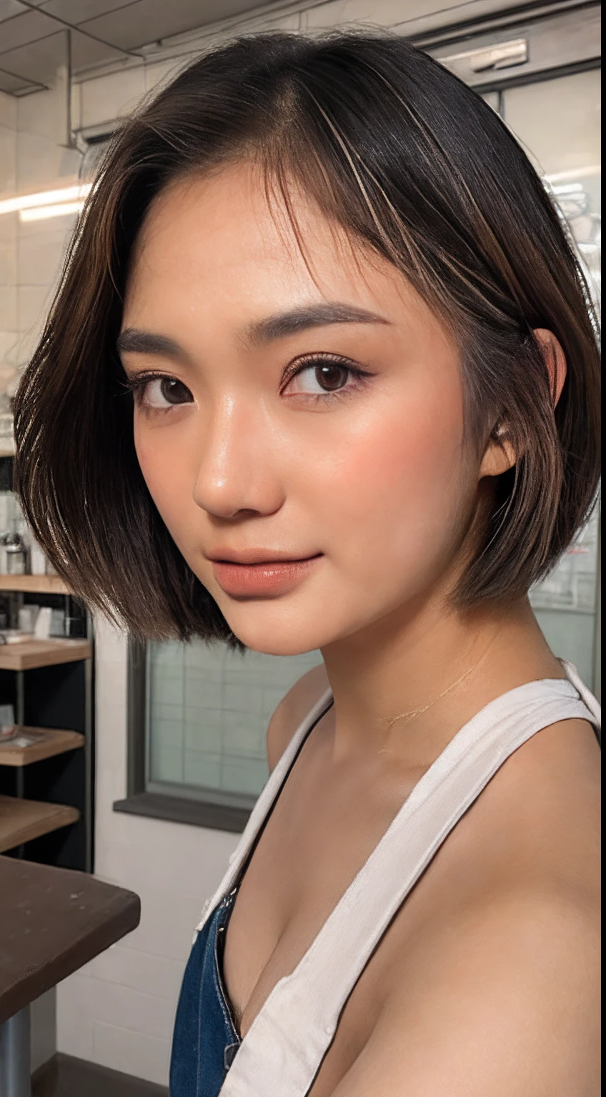 ((top quality, 8k, masterpiece: 1.3)), 1 beautiful Japan girls, beauties with slender abs: 1.3, (medium short hair, big: 1.2), (white naked apron: 1.3), ultra-detailed face, detailed eyes, double eyelids, café background, leaning forward, hands on knees,