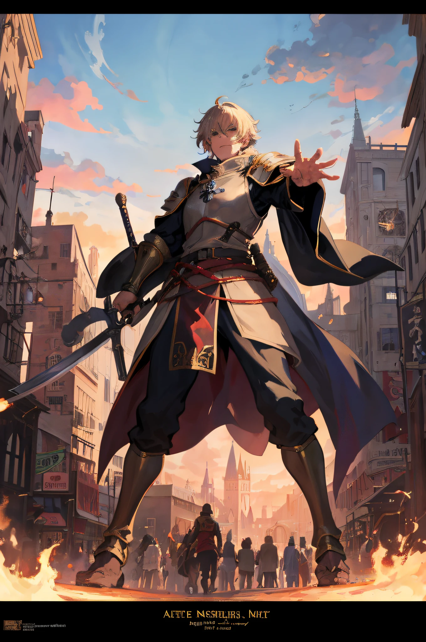 Anime poster with a medieval fantasy city, The crowd is busy in the background and the main male character is posing in the center.. dramatic, 4k, Arte digital, Ganador del premio, La mejor calidad.