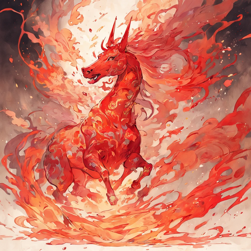 (White background:1.4),( Red unicorn,Spitting fire in the mouth,Oriental elements),(Chinese illustration:1.3,water ink:1.3, The art of Chinese painting:1.2),( reasonable design, Clear lines, High sharpness,Best quality, Very detailed, Masterpiece, movie light effect, 4K )