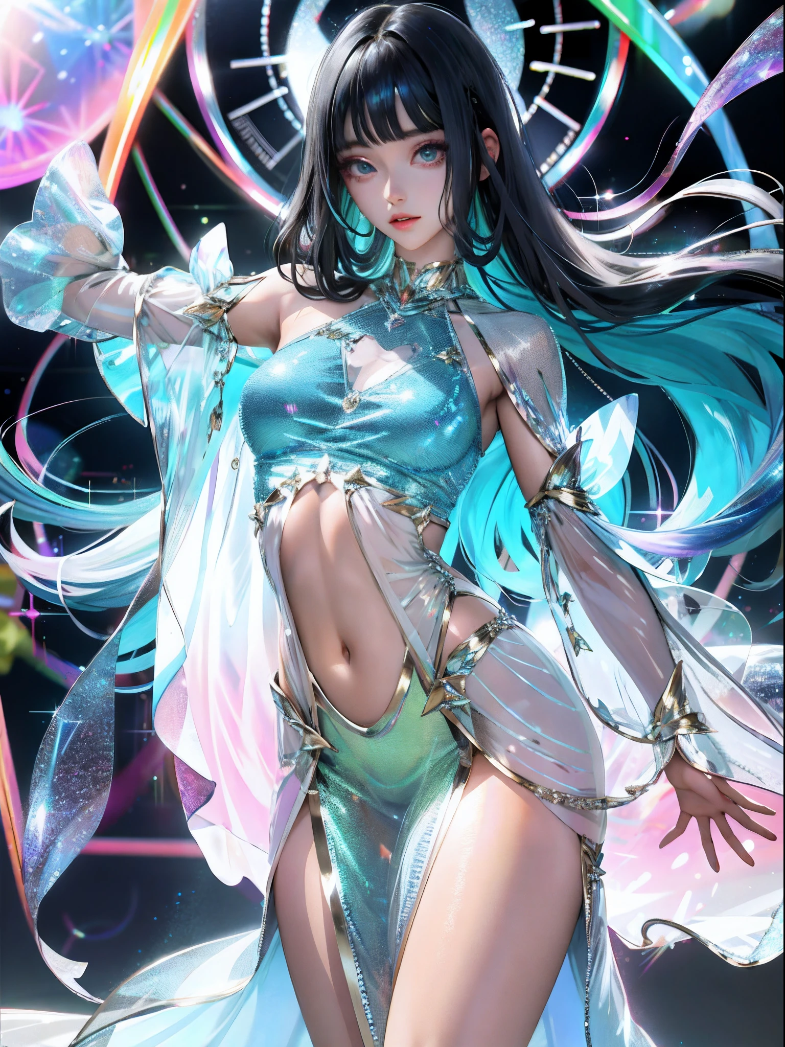 anime, girl, reflective transparent iridescent opaque skirt, reflective transparent iridescent opaque Clothes with wide sleeves revealing the navel, long transparent iridescent RGB hair, bubbles