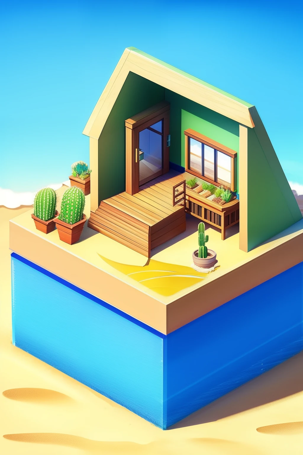 Isometric modern beach hut, glass, Sand, Shore, Ocean, cacti, Plants in pots