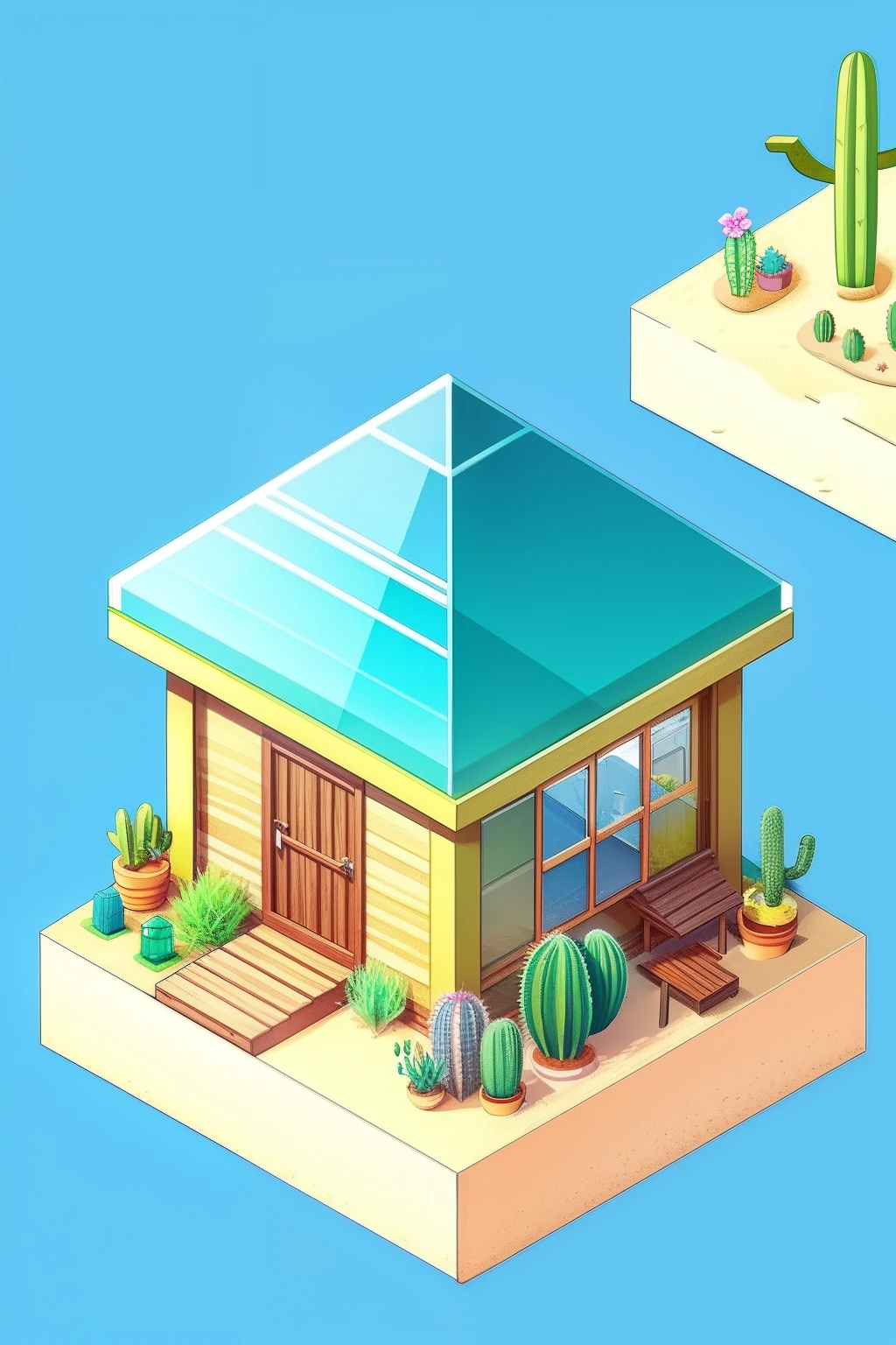 Isometric modern beach hut, glass, Sand, Shore, Ocean, cacti, Plants in pots