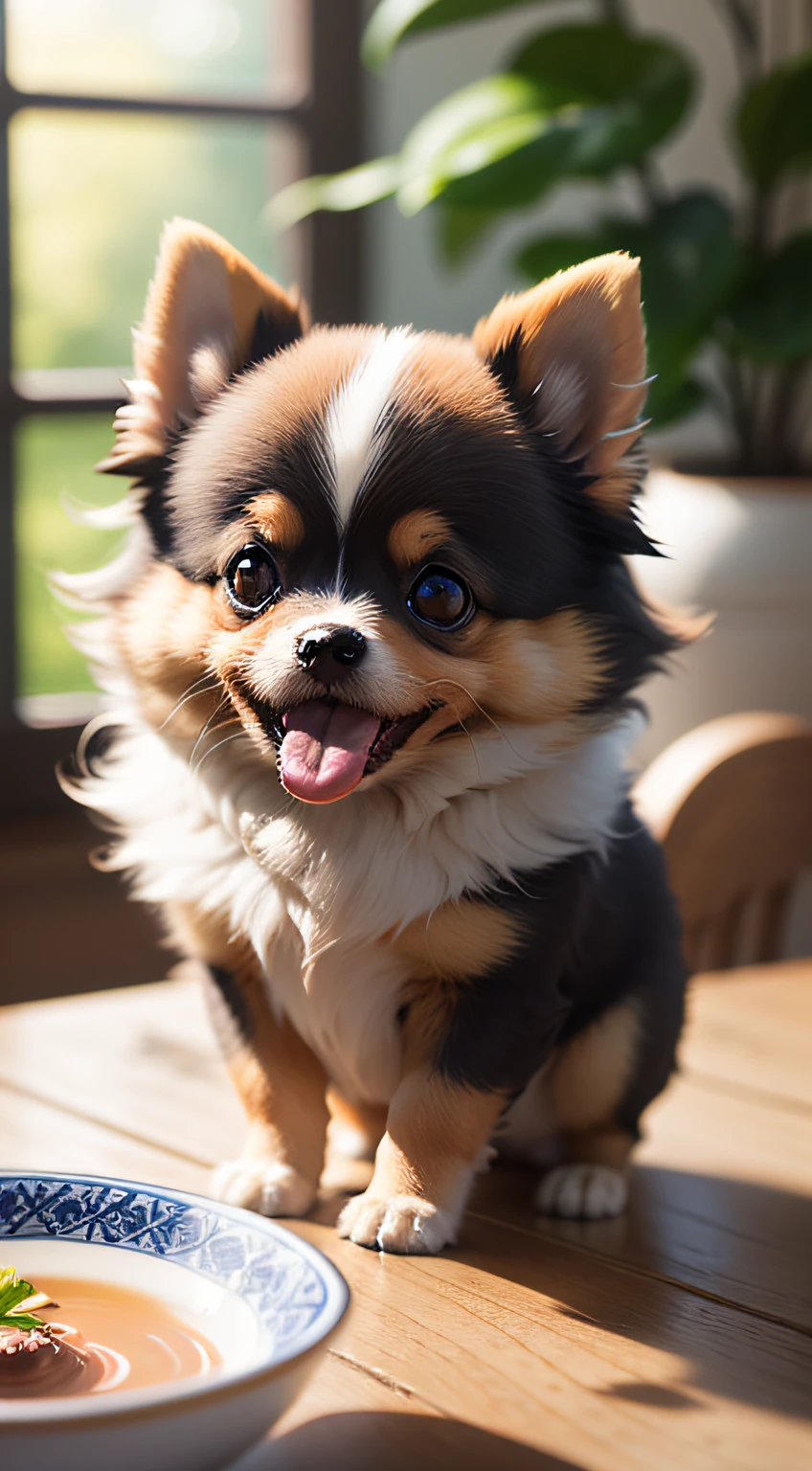 Pomeranian, (((Small)))), in a teacup, Face out, Tongue out, Front paws out, 8k, Professional photo, delicate, clear, on the table, in the house, sunshine, light leak, masterpiece, ((((Pretty))), Fashionable Teacup, (Reality))))