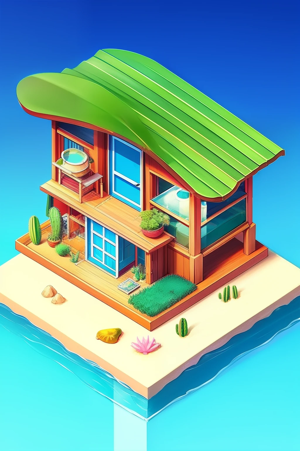 Isometric modern beach hut, glass, Sand, Shore, Ocean, cacti, Plants in pots