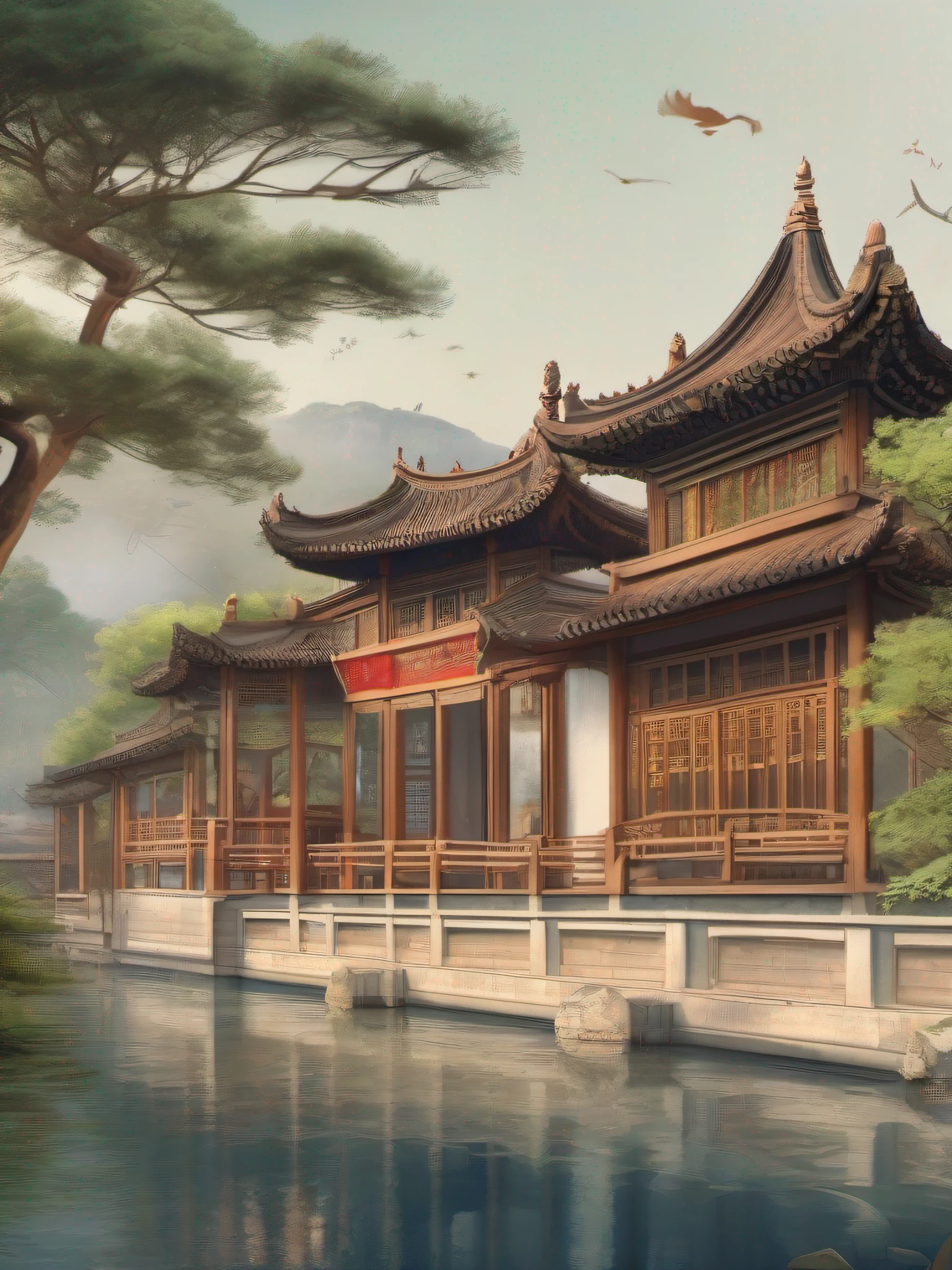 Hangzhou pagoda with ancient Chinese aesthetics,It is surrounded by ancient buildings and street in the jiangnan style, Composed of trees and landscapes, Panoramic view and soft light. Chinese landscape, chinese watercolor style,(Beautiful rendering of the Tang Dynasty+Beautiful detailed background:1.3),Floating palace,(Pageant rendering+3D rendering style:0.8),3D stylized scenes,(Beautiful landscape rendering style:0.9),Stylized digital illustration,Camera effects。