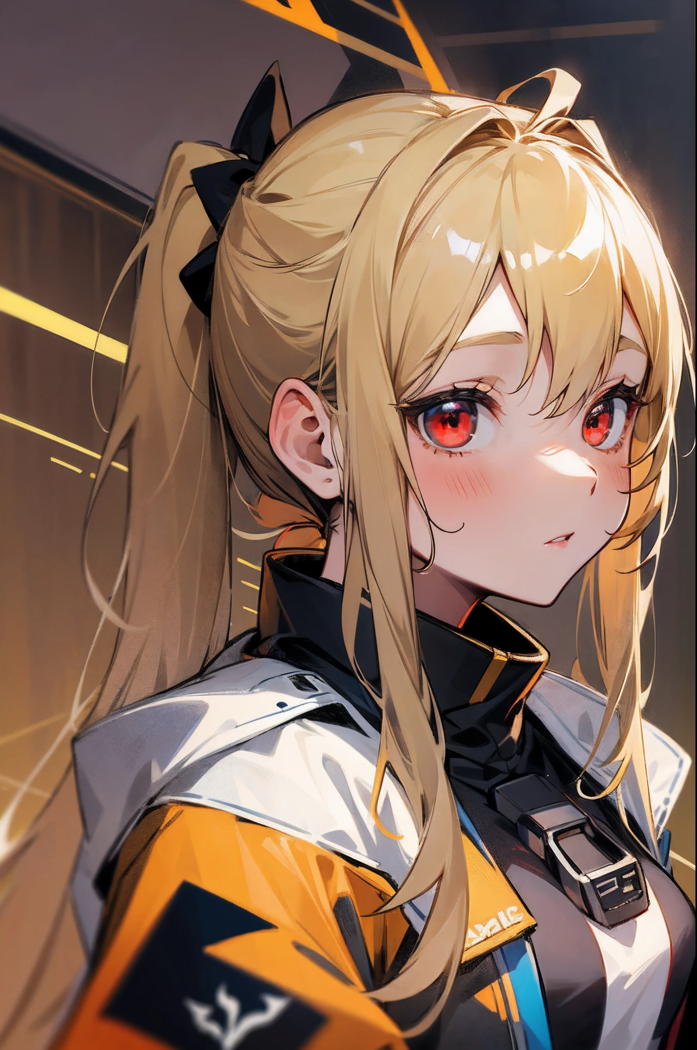 girl with、female high-school student、Small breasts、Wearing a rider's jacket、blondehair、Red Eyes、poneyTail、gloves