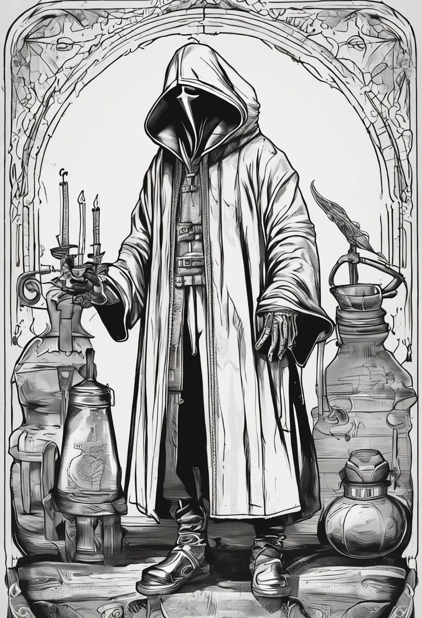 inspirado em Bian Shoumin,(master part, a melhor qualidade), Um alquimista com, Potion bottles,plague doctor, vestido com um casaco preto,Roupas pretas,with hood and mask of plague doctor, bem na nossa frente,Bonito e bonito estilo de pintura japonesa,quadratic element,casa antiga medieval,Only half of the body is exposed,candle lighting,head portrait