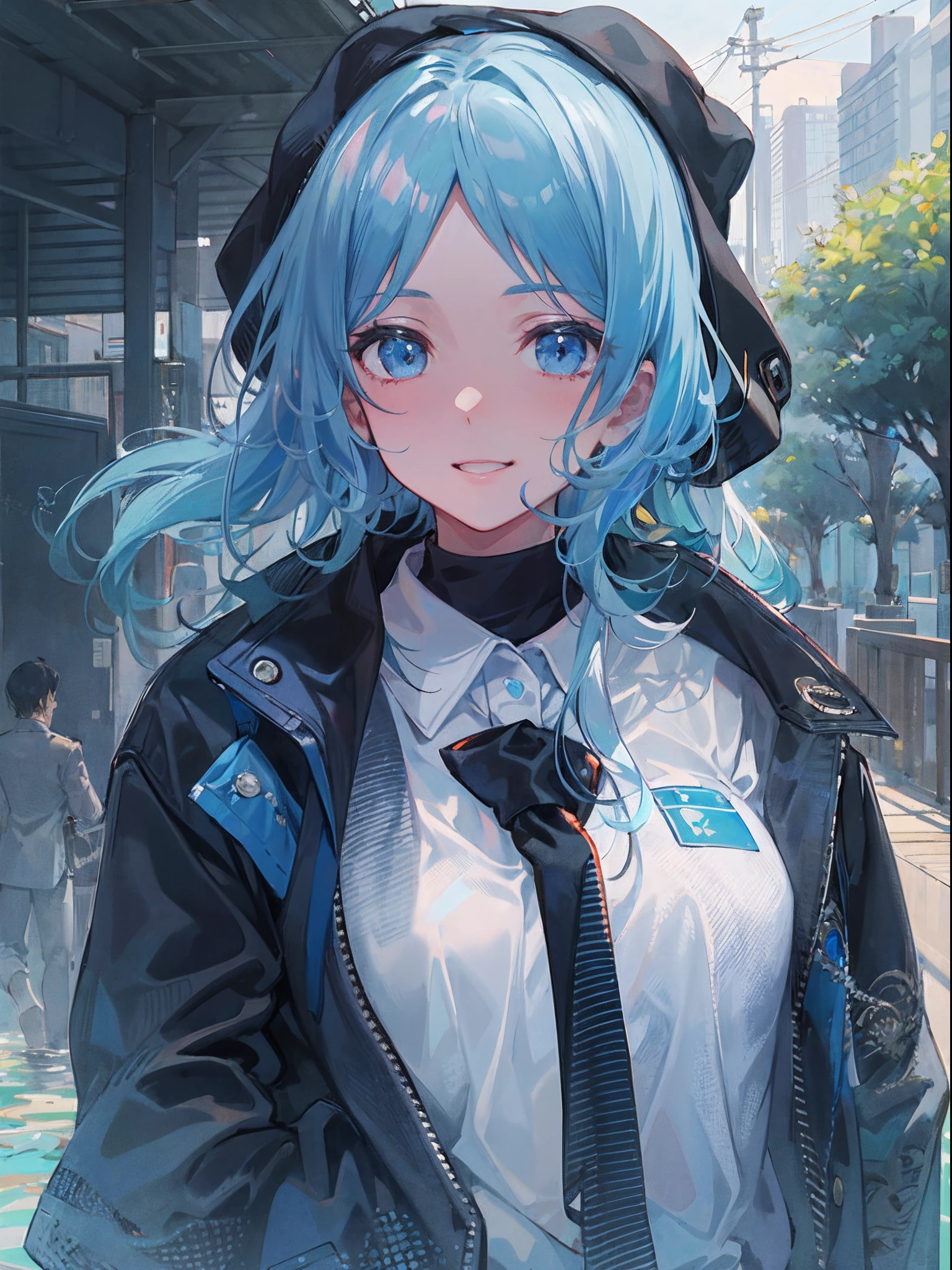 ((top-quality)), ((masterpiece)), ((ultra-detailliert)), (extremely delicate and beautiful), girl with, 独奏, cold attitude,((Black jacket)),She is very(relax)with the(Settled down)Looks,A dark-haired, depth of fields,evil smile,Bubble, under the water, Air bubble,bright light blue eyes,Inner color with light blue hair and dark blue tips,Cold background,Bob Hair - Linear Art, shortpants、knee high socks、White uniform like school uniform、Light blue ribbon ties、Clothes are sheer、Hands in pockets