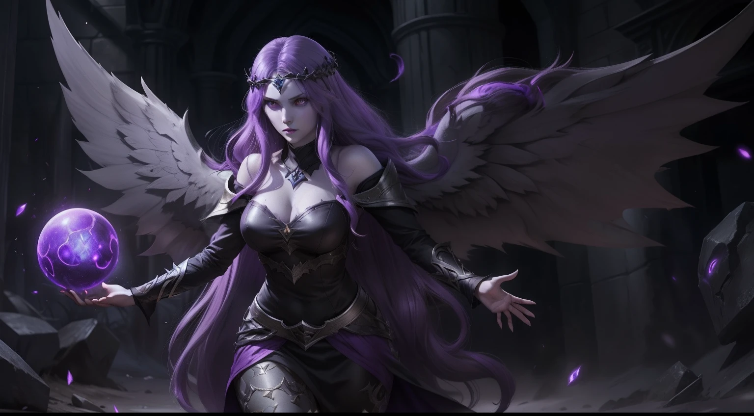 Morgana league of legends, deadly pale gray skin, grey skintone, dead skintone, long purple hair, purple eyes, cursed, huge black angel wings, purple magic orbs, grey skin color