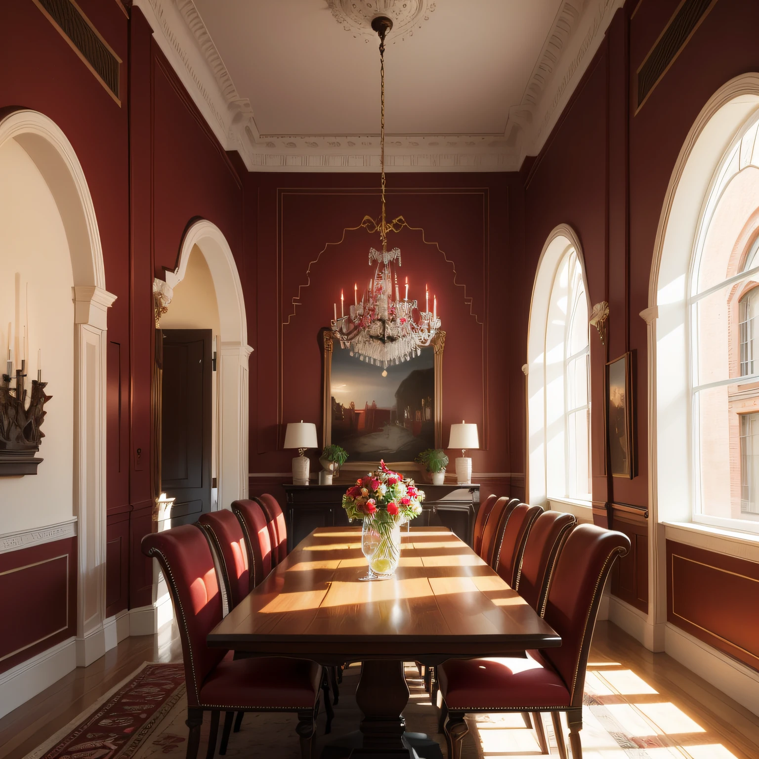 dining room with red walls with Architectural Details