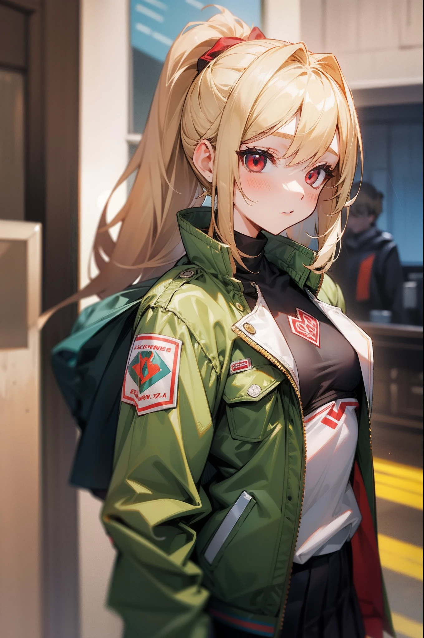 girl with、female high-school student、Small breasts、Wearing a rider's jacket、blondehair、Red eyes、poneyTail、gloves