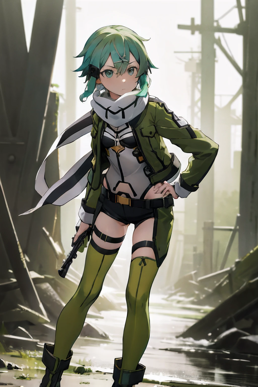 masterpiece, best quality, highres, 1girl, sinon1, scarf, long sleeves, short shorts, hair ornament, hairclip, green thighhighs, green jacket, thigh strap, hand on hip, leaning forward, :i, outdoors, hand on own knee,