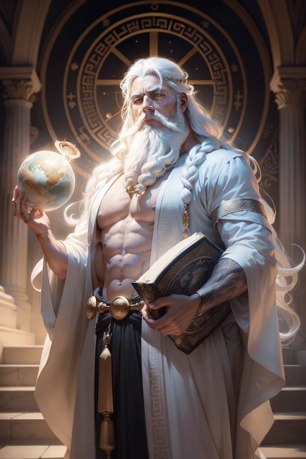 A drawing of a greek god man, wearing flowing robes and white hair and long beard, holding the planet Saturn in his hand, background is a stairway to heaven, mood is affirmative, consummate, majesty, fullness, daytime light, character design, art by Mark Ryden, Greg Simkins, Jason Limon, Dan Quintana.