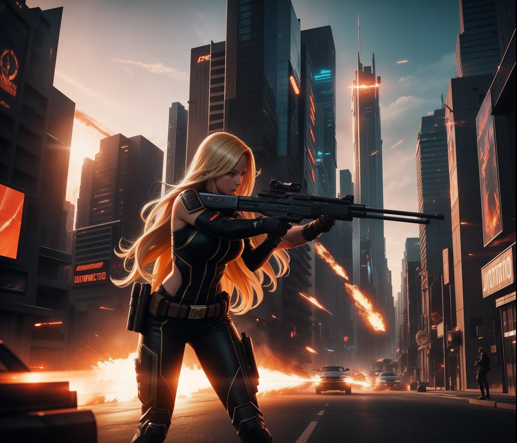 Cinematic shot, Action scene of a sexy blonde woman with a gun, futuristic city, sunset, muzzle flash , dynamic action, dynamic movement, cowboy shot, photorealistic , hyper-detailed, directed by Jon Woo