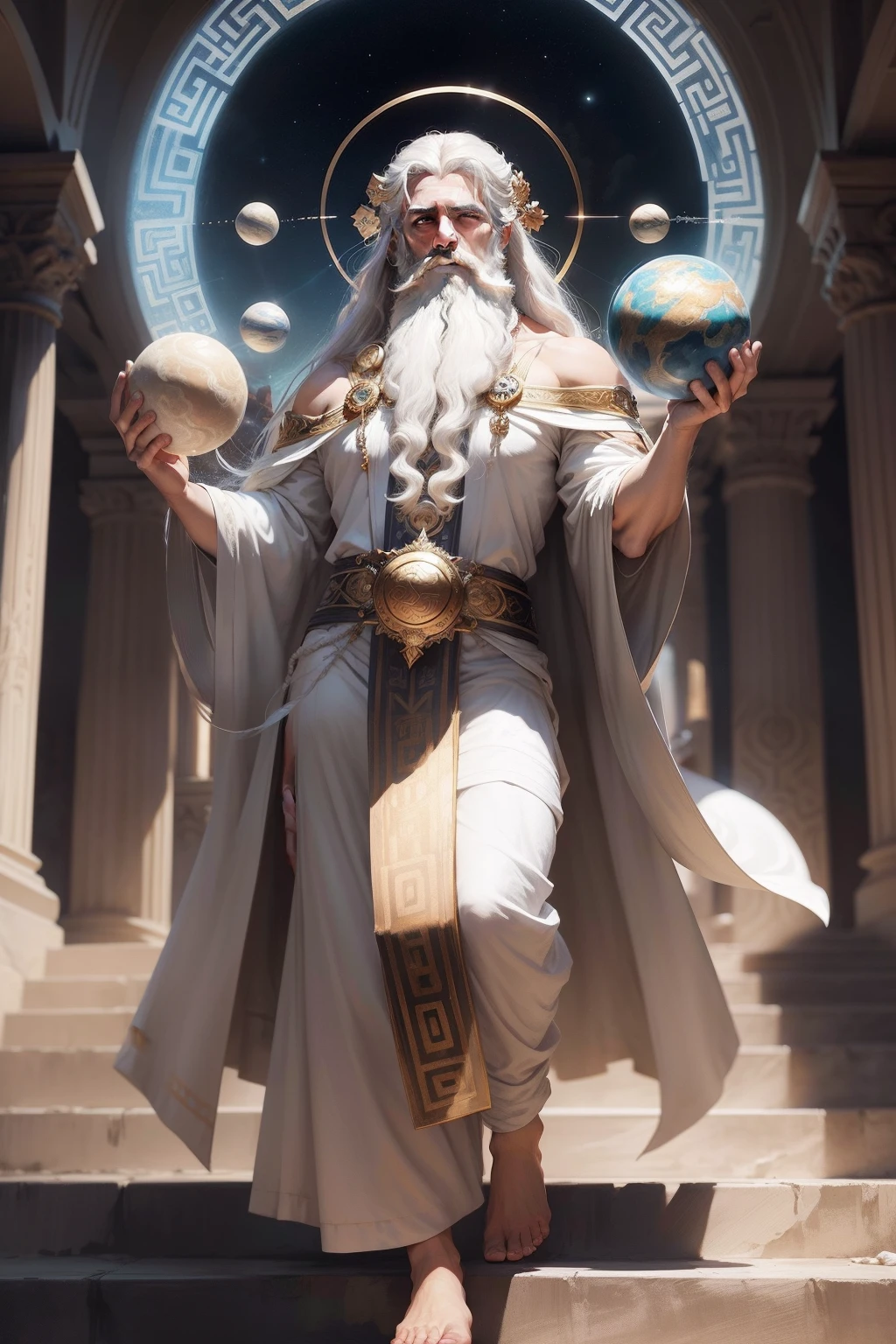 A drawing of a greek god man, wearing flowing robes and white hair and long beard, holding the planet Saturn in his hand, background is a stairway to heaven, mood is affirmative, consummate, majesty, fullness, daytime light, character design, art by Mark Ryden, Greg Simkins, Jason Limon, Dan Quintana.