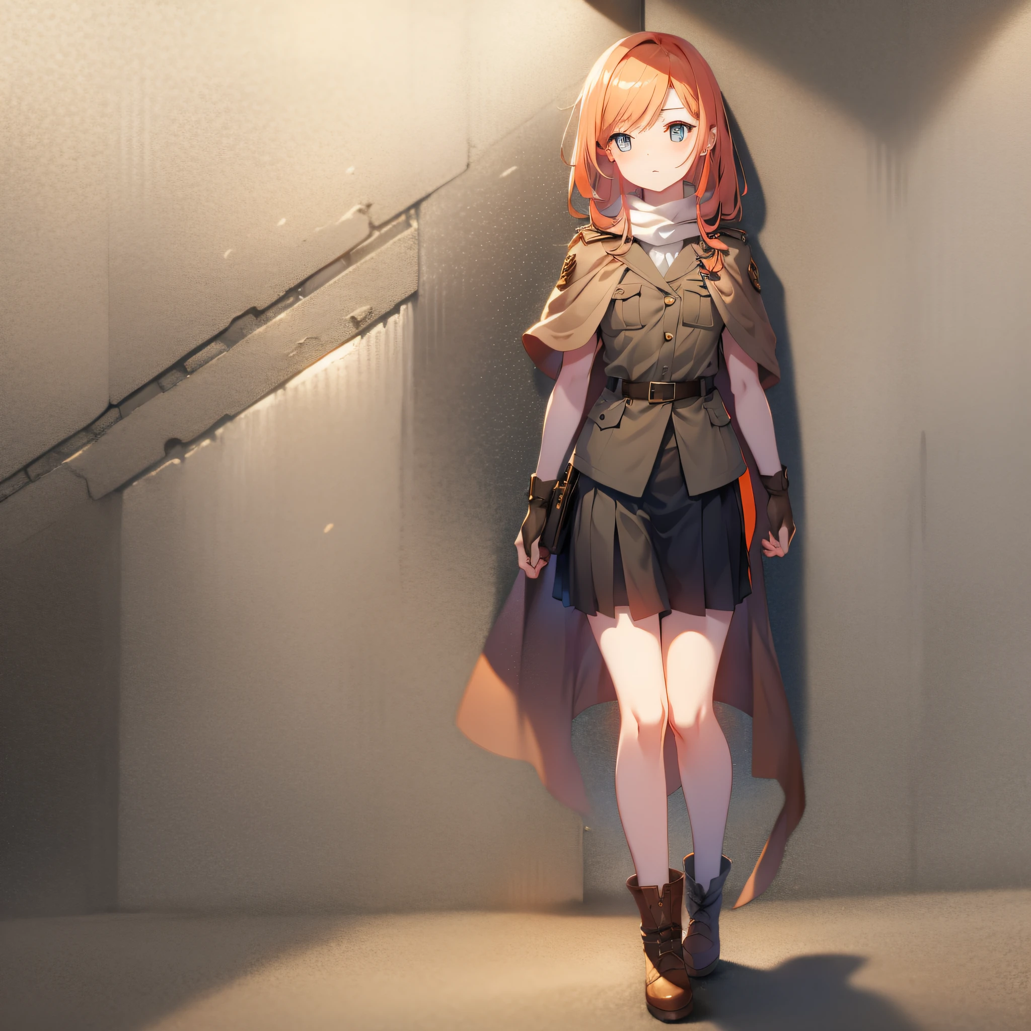 Galil, richly faded light long orange hair, best eyes, khaki-black army skirt, beige cape on the shoulders