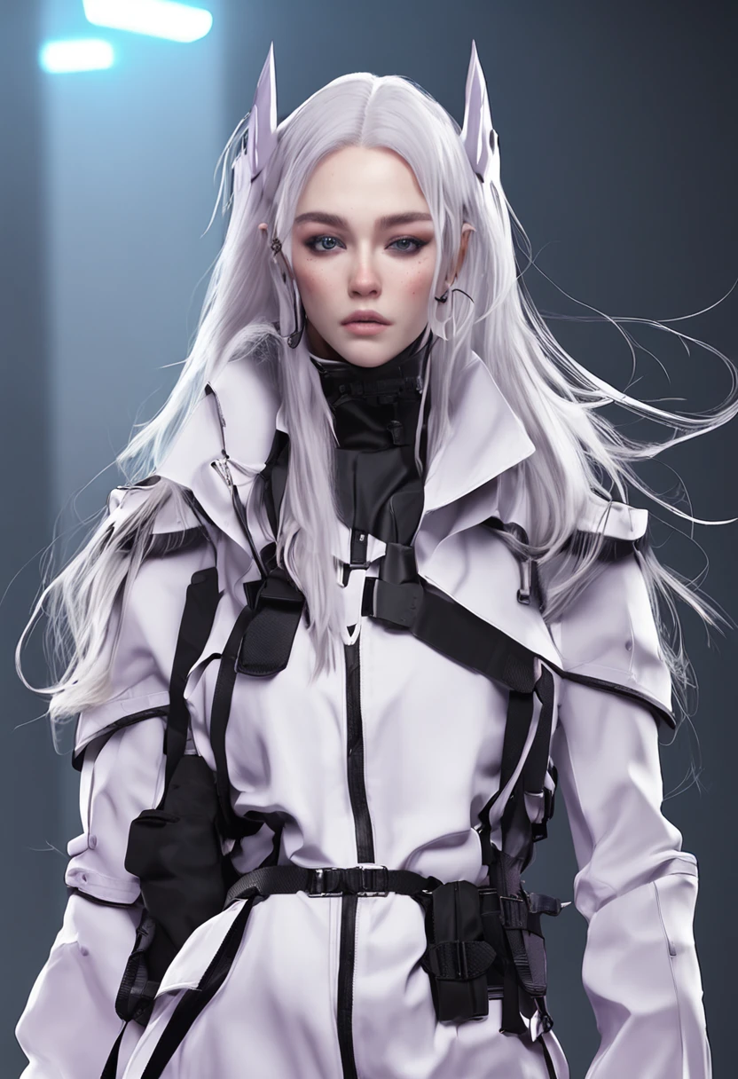 Two-dimensional woman,Long white silky hair,Bright purple pupils,White trench coat with black hard vest armor,A tactical belt hangs a black pocket,Black slim trousers with leggings,A pair of black tactical high-top boots,4k高清