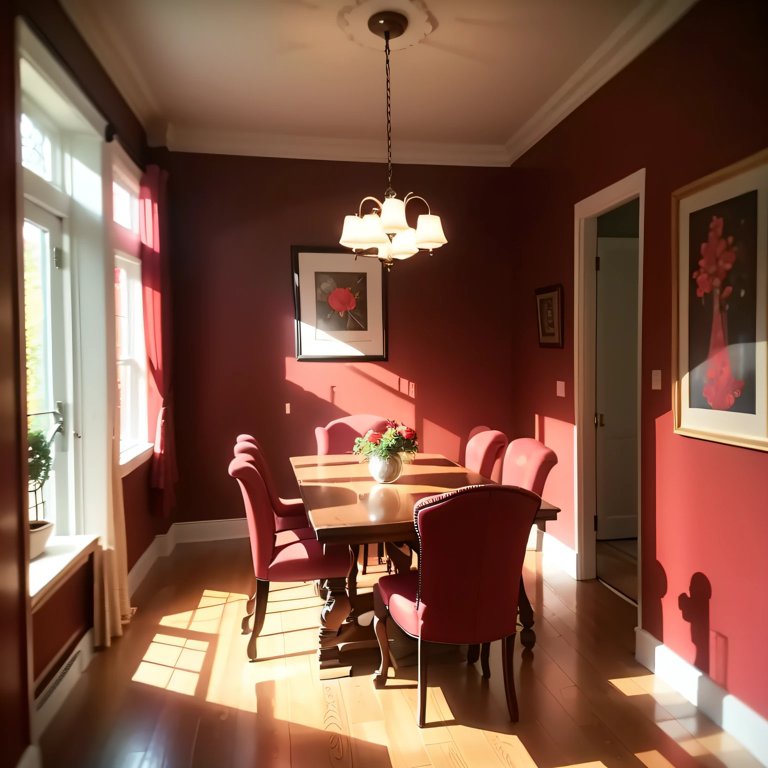 dining room with red walls with Ambient Lighting