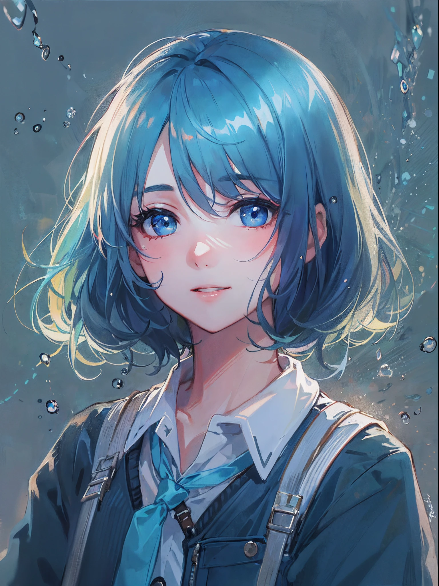 ((top-quality)), ((masterpiece)), ((ultra-detailliert)), (extremely delicate and beautiful), girl with, 独奏, cold attitude,((Black jacket)),She is very(relax)with the(Settled down)Looks,A dark-haired, depth of fields,evil smile,Bubble, under the water, Air bubble,bright light blue eyes,Inner color with light blue hair and dark blue tips,Cold background,Bob Hair - Linear Art, shortpants、knee high socks、White uniform like school uniform、Light blue ribbon ties、Clothes are sheer、Hands in pockets