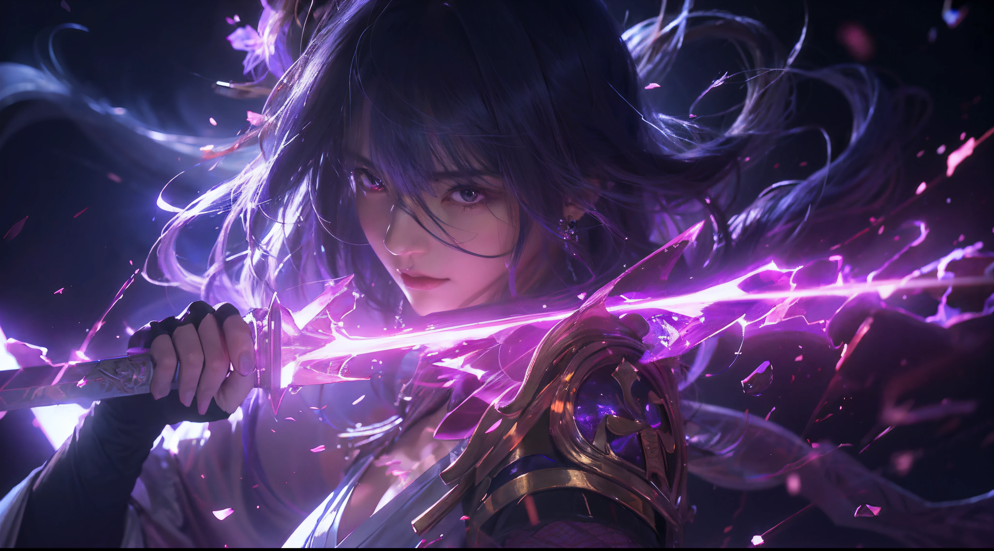 anime girl with sword and purple light in her hand, portrait knights of zodiac girl, extremely detailed artgerm, by Yang J, detailed digital anime art, artgerm detailed, astri lohne, cushart krenz key art feminine, ayaka genshin impact, black - haired mage, artgerm. anime illustration, trending artgerm