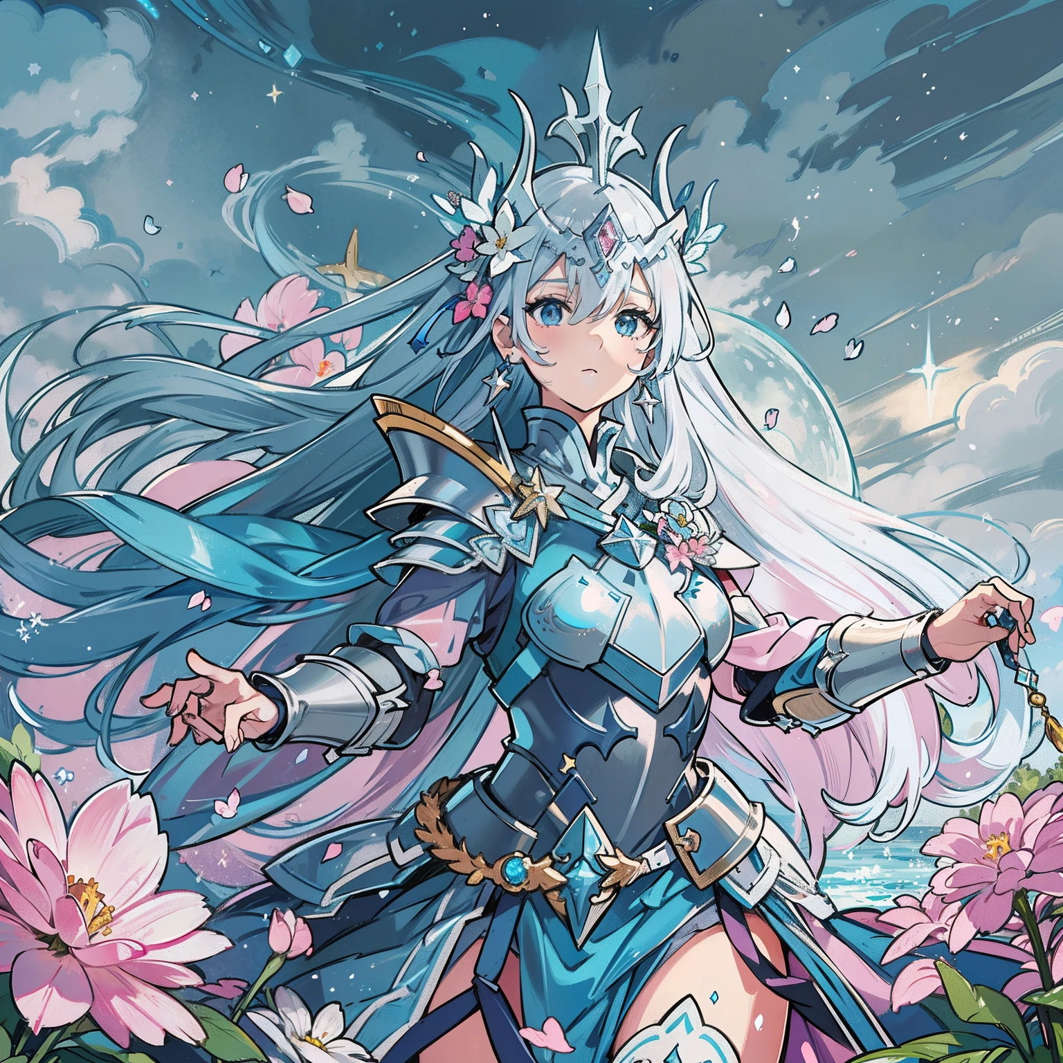 HD original art level、best rendering、Female protagonist、Blue flowing hair, flowers on head, blue eyes, star details, star earrings, goddess、Pink and Silver armor、Bring a helmet、Clear detail throughout HD in high definition、The fog is shining、Pink magic aura, gorgeous, cute, beautiful face、A female knight fighting surrounded by water。