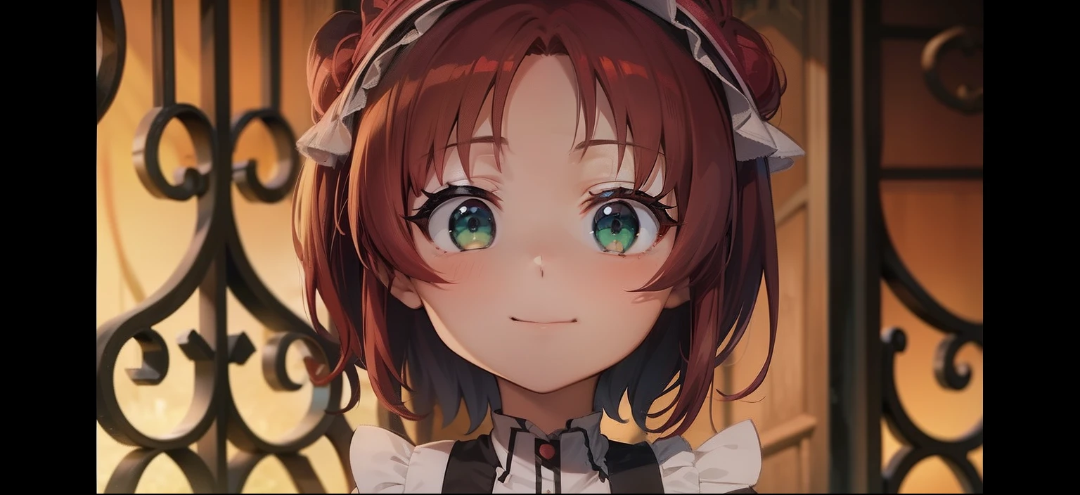 anime girl with red hair and green eyes in front of the gate, little girl, young anime girl, beautiful girl anime visuals, she has a cute expressive face, ( ( ( yoshinari yoh ) ) ), anime girl in maid costume, smile