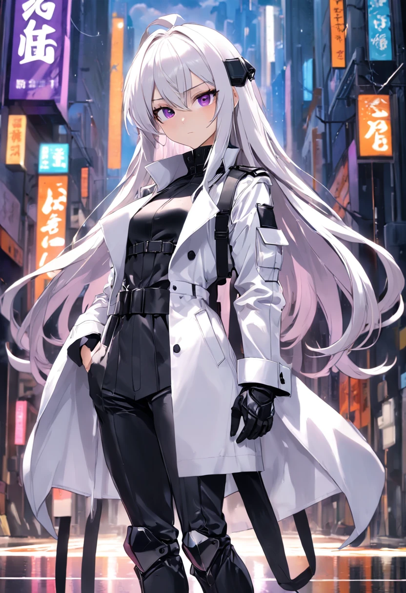 Two-dimensional woman，Long white silky hair，Bright purple pupils，White trench coat with black hard vest armor，A tactical belt hangs a black pocket，Black slim trousers with leggings，A pair of black tactical high-top boots，4k高清