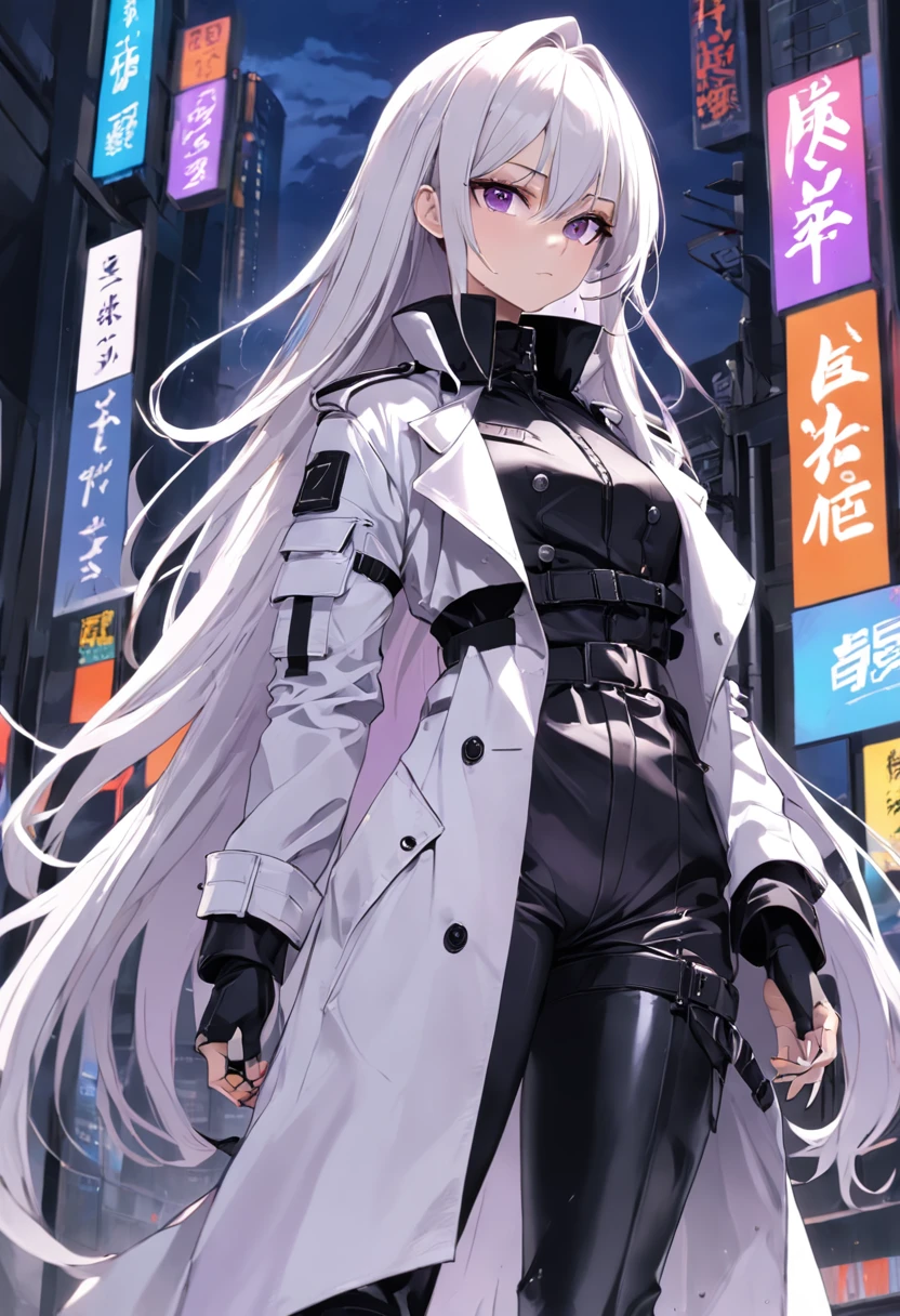Two-dimensional woman,Long white silky hair,Bright purple pupils,White trench coat with black hard vest armor,A tactical belt hangs a black pocket,Black slim trousers with leggings,A pair of black tactical high-top boots,4k高清