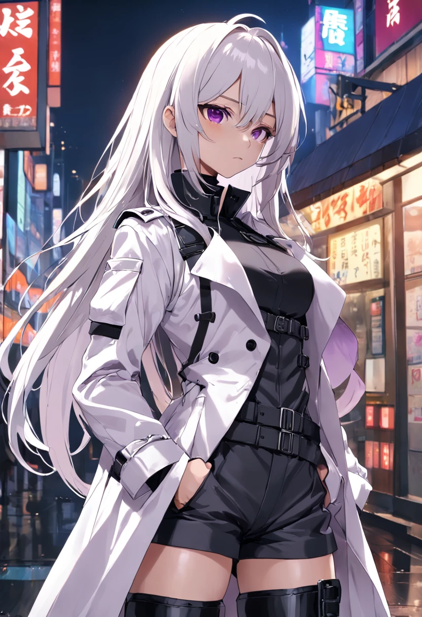 Two-dimensional woman,Long white silky hair,Bright purple pupils,White trench coat with black hard vest armor,A tactical belt hangs a black pocket,Black slim trousers with leggings,A pair of black tactical high-top boots,4k高清