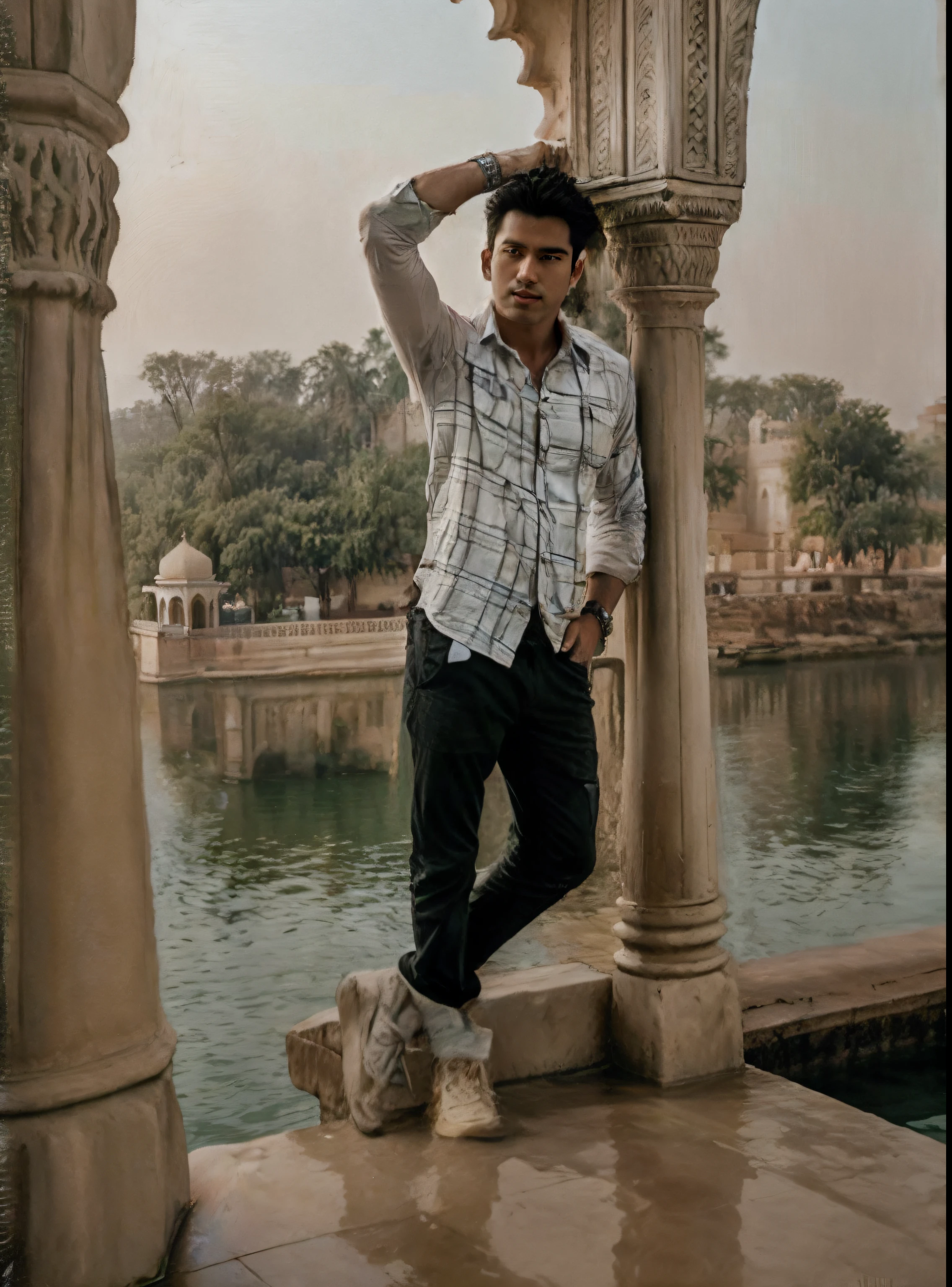 Taj Mahal,Water City,1man, a 25-year-old muscular man, wears a black checks shirt, bodice, soft lighting, masterpiece, best quality, 8k ultra HD, DSLR camera, film grain, Midjourney and greg rutkowski's Fujifilm XT3 realistic painting art