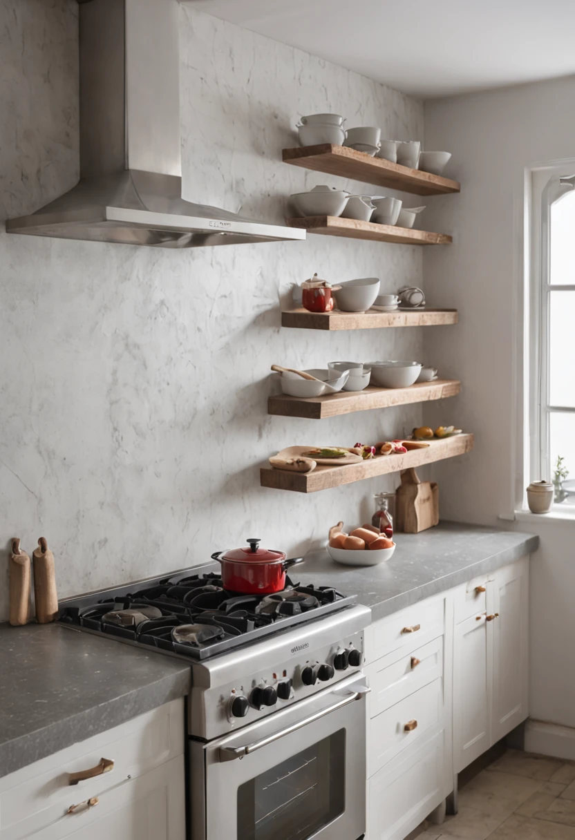 (((hyper realistic kitchen)))(((extreme realistic kitchen detail))) (kitchen with detailed shadows) (masterpiece, highest quality), (realistic, photo_realistic:1.9), ((Photoshoot)) Kitchen of a restaurant in a general shot with a wall of the same kitchen with different sizes of pans hanging from it, captured with a Canon EOS 5D Mark IV in RAW format, using a wide-angle lens and with soft lighting, sharp focus, 8k, UHD, high quality, intricate detailed, highly detailed, hyper-realistic