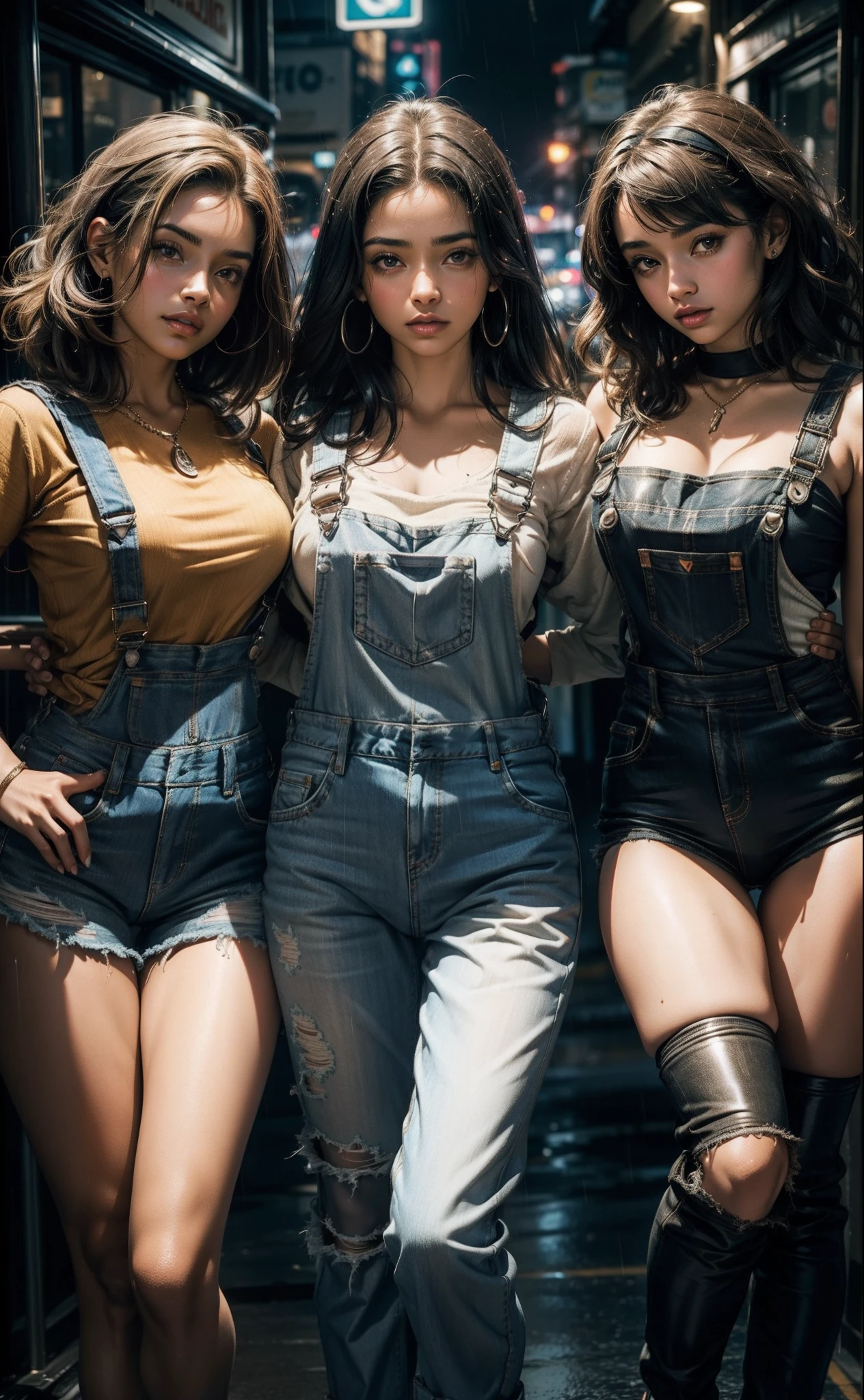 Three women, uma loira, a brunette and an African American wearing overalls, in a neon city at night in the rain