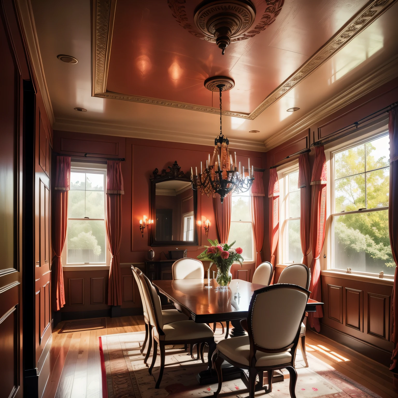 dining room with red walls with Ceiling Medallion