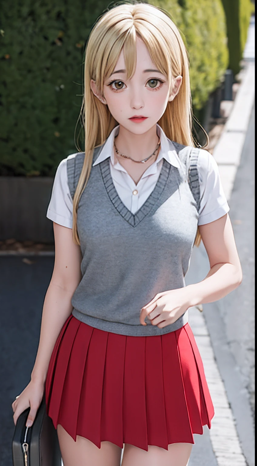 (((picture perfect))), (absurdres), 1girl, solo, asia argento, ahoge, school uniform, red skirt, grey sweater vest, looking at viewer,