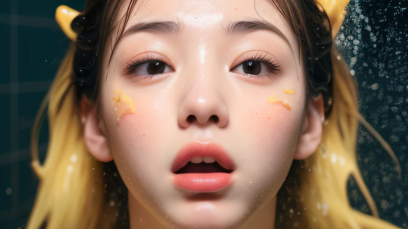 ((top Quority,8K,tmasterpiece:1.3)),woman(hot onsen),perspired,Water droplets on the forehead of the face,exteriors,background urban cityscape,Overhead,Sharp focus:1.2,cute women:1.4,((Layered Hair Style)),(Orange shirt),very detailed face and skin and hair texture,Knotted brunette hair,Moist textured hair,Moist body,Detailed eyes, 二重まぶた,White skin of the,Beautiful legs, beautiful delicate nose,cute young woman,18yr old,dynamic angle,Deleite para la vista,Compositional suggestiveness,while emphasizing the subject's hair,The eye,Mouth and movements,At the same time, It exudes a mood of anticipation,It is characterized by calm tones and a mix of light and shadow。