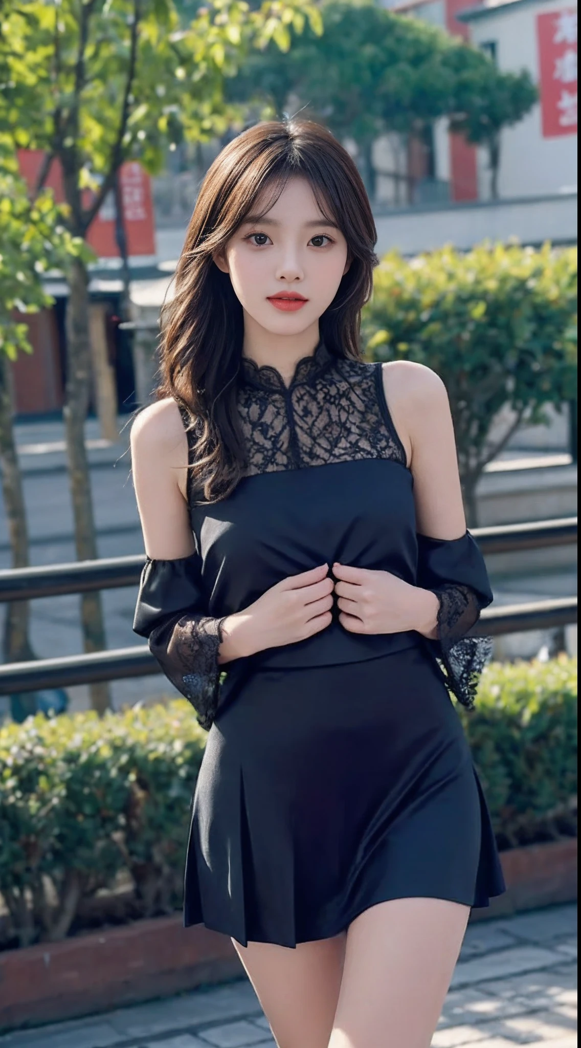 A perfect young female white-collar worker,Chinese big breasts,High picture quality,Works of masters,Black hair,Long hair shawl,Long hair flowing over the shoulders,Beach wave hairstyle,cropped shoulders,鎖骨,exquisite face,Hydrated red lips,((Wear colorful and stylish summer sailor suits))(red colour,blue colors,green color,Violet-orange,In pink,amarelo,Printed clothing),Kurfo,,Colorful pleated skirt,white stockings,Magic starry sky dress,Lace skirt,Puff sleeve skirt,Tassel elements,Lace paneled elements,Openwork elements,Texture element,Real Human,CG rendering,16k,Stand up,Suzhou Garden,On the bridge,Do not show your hands,Close-up shot