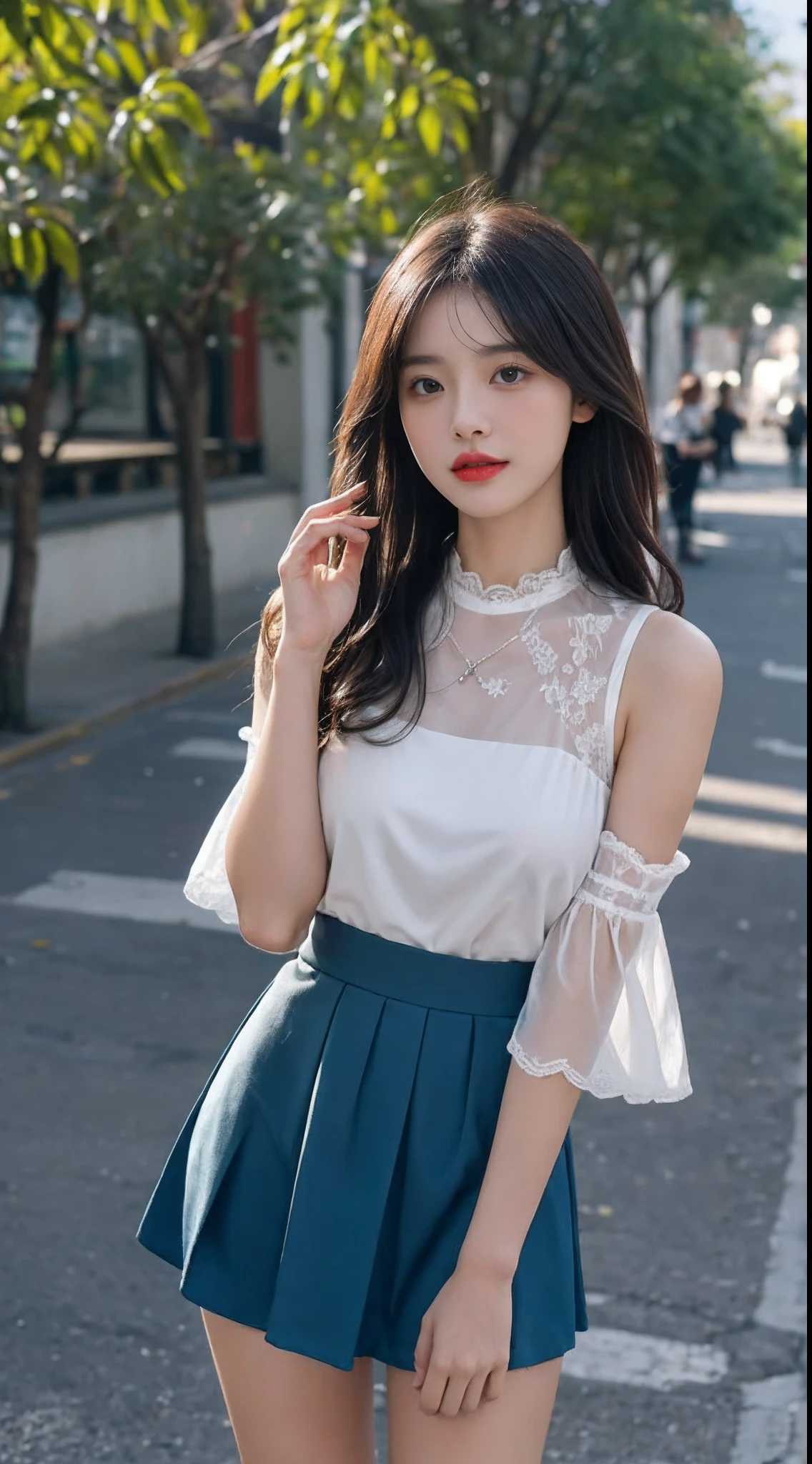 A perfect young female white-collar worker，Chinese big breasts，High picture quality，Works of masters，Black hair，Long hair shawl，Long hair flowing over the shoulders，Beach wave hairstyle，cropped shoulders，鎖骨，exquisite face，Hydrated red lips，（（Wear colorful and stylish summer sailor suits））（red colour，blue colors，green color，Violet-orange，In pink，amarelo，Printed clothing），Kurfo，，Colorful pleated skirt，white stockings，Magic starry sky dress，Lace skirt，Puff sleeve skirt，Tassel elements，Lace paneled elements，Openwork elements，Texture element，Real Human，CG rendering，16k，Stand up，Suzhou Garden，On the bridge，Do not show your hands，Close-up shot