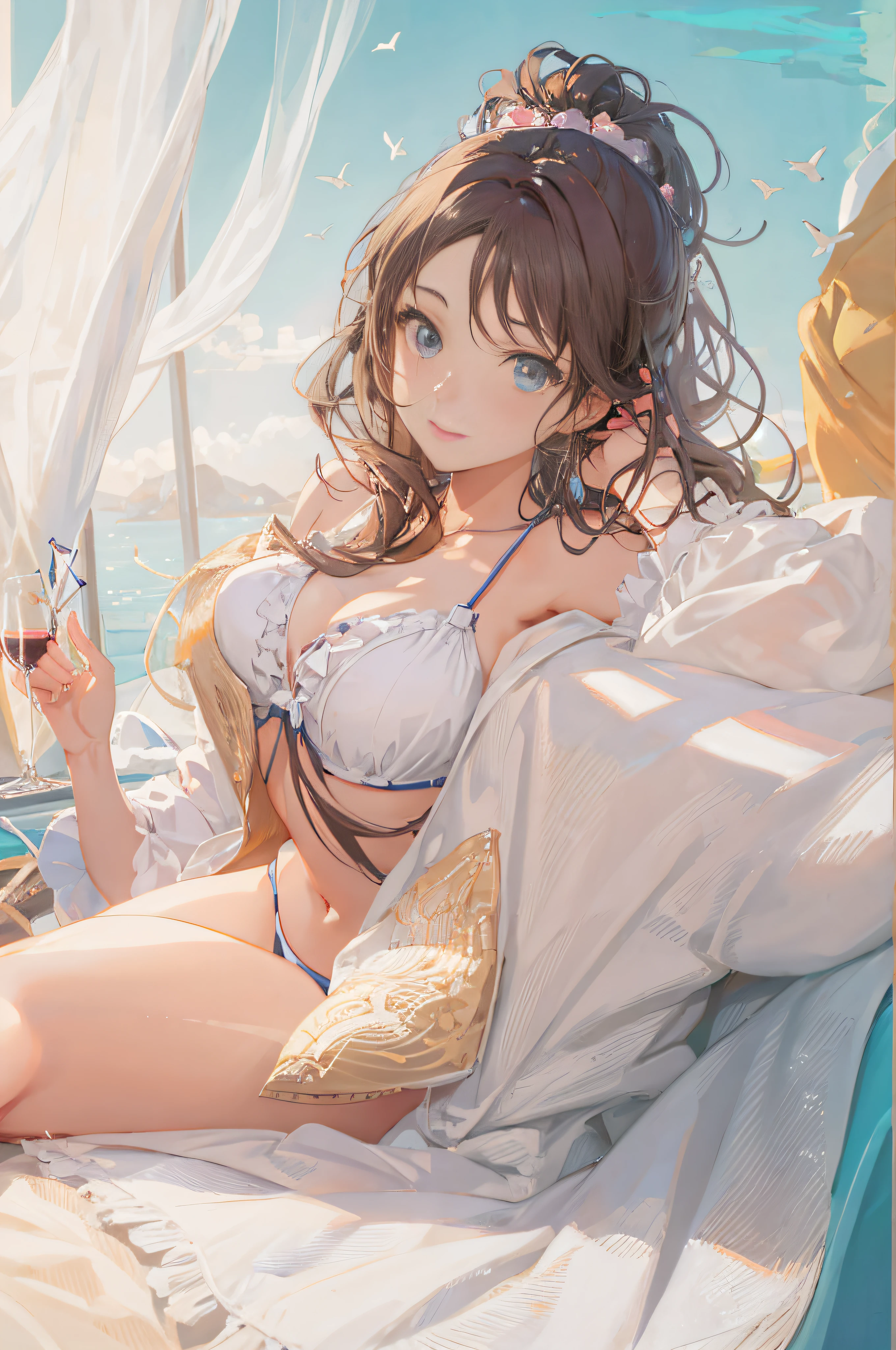 anime girl in a bikini laying on a bed with a glass of wine, seductive anime girl, makoto shinkai and artgerm, beautiful alluring anime woman, guweiz, guweiz on pixiv artstation, artwork in the style of guweiz, guweiz on artstation pixiv, detailed digital anime art, beautiful anime girl