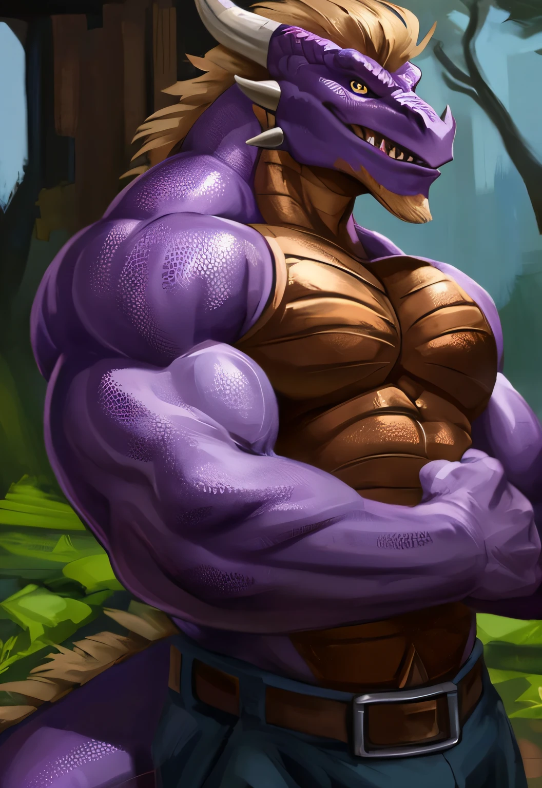 male anthro dragon, qui flex ses biceps, purple scales, brawny, highly quality, digital painting