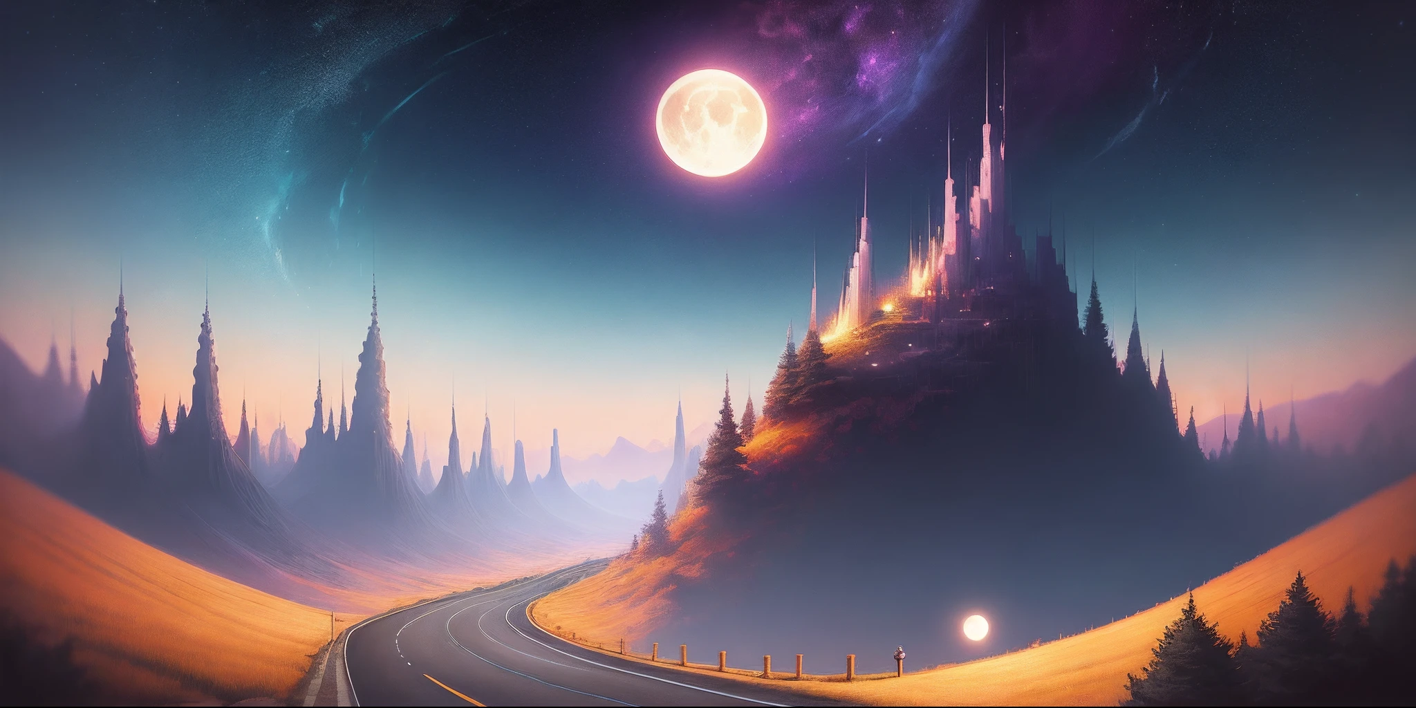 a painting of a road going through a landscape with a moon in the sky, inspired by Cyril Rolando, great digital art with details, beeple and james jean, by Cyril Rolando, digital art picture, in style of cyril rolando, surreal space, 4k highly detailed digital art, beautiful digital artwork, detailed dreamscape